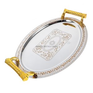 Plateau de service décoratif fait à la main en design rond argenté élégant avec motif complexe parfait pour le style de maison moderne - Product Image 4