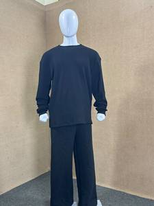 Black <b>Men</b> <b>Thermal</b> Underwear Set Long Sleeve Crew Neck Knitted Tracksuit Breathable Soft Sleepwear Lounge - Product Image 3