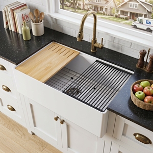 Évier de cuisine noir profond, style farmhouse, fait main, à cuve unique, 33 pouces, en argile réfractaire avec façade d'abattage - Product Image 6