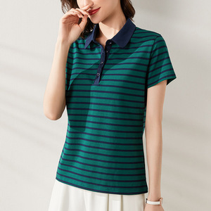 เสื้อโปโลลายทางสำหรับผู้หญิงเสื้อยืดผ้าฝ้ายแคชเมียร์วิสคอสทรงกว้างเข้ารูปสีทึบลายสก็อตทางการ - Product Image 2