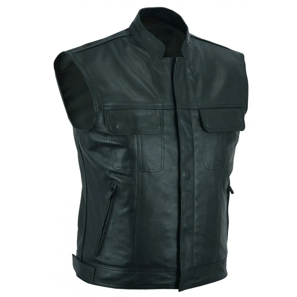 Hot Selling Women Sleeveless Leather Vest Turn-Down Collar Custom Pockets Leather Vest & Waistcoat