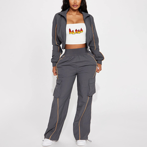 Conjunto de chándal de nailon 100% para mujer, conjunto de chaqueta y pantalón con cremallera recortada, color sólido, personalizado, serigrafiado, conjunto para correr para mujer - Product Image 5