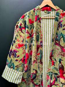 Vert oiseau imprimé tricoté velours hiver automne écologique épais femmes Kimono Robe respirant décontracté manteau matin thé maison - Product Image 2