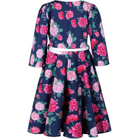 Robe d'été vintage en mousseline imprimée florale pour filles, avec ceinture, boutons, manches 3/4, mignonne, délicate, coupe trapèze, maxi, col en V
