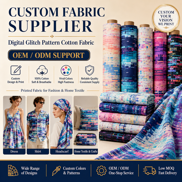 Custom Digital Glitch Pattern Fabric OEM ODM Digital Print Fabric Multiple Bases for Dress Scarf Bag Home Textile,Small MOQ