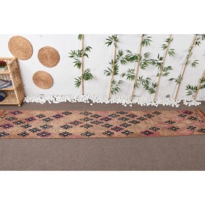 Alfombra turca vintage étnica, beige, rosa, área grande, diseño de retazos rectangulares, alfombra de habitación de látex de lana de estilo clásico (2,1x11,9 pies) - Product Image 2
