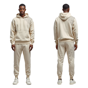 Ensemble de survêtement de qualité supérieure pour homme, couleur beige crème, avec strass en cristal, sweat à capuche et pantalon de jogging en molleton de coton épais - Product Image 1