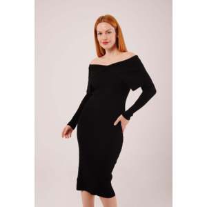 Vestido Midi con Hombros Descubiertos al por Mayor, Cómodo, de Punto Negro con Cintura Natural - Product Image 3