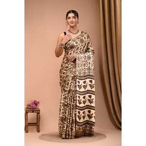 Sari de satén de seda modal hecho a mano con estampado floral, diseño elegante de un solo hombro sin mangas, ligero, transpirable y de silueta recta. - Product Image 1