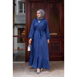 Robe quotidienne modeste Indigo avec jupe à volants col montant taille naturelle viscose matériel broderie motif imprimé décoration - Product Image 2