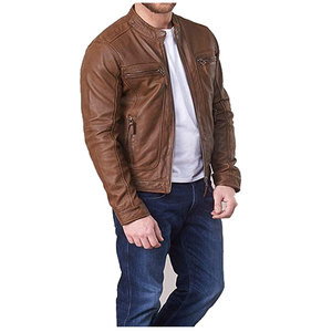 Chaqueta de cuero de motorista Premium marrón Chaqueta de bombardero de cuero de motocicleta con cinturón asimétrico marrón clásico Chaqueta real para hombres - Product Image 3