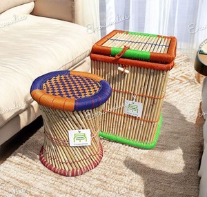 Pouf de tabouret de Mudda de canne en bambou de rotin nouvellement conçu avec la Console de incrustation d'os de panier de canne en bambou de stockage - Product Image 5