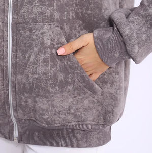 Sudadera con Capucha para Mujer, Tejida, Gris, Ecológica, Estilo Vintage, Lavada, con Cierre Completo, Bolsillo Tipo Canguro, Informal, Cálida, para Otoño - Product Image 4