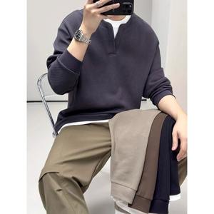 Haut de chemise à couche de base haut de gamme pour hommes, simple et polyvalent, faux deux pièces, nouveau sweat à capuche d'hiver 100% coton - Product Image 4