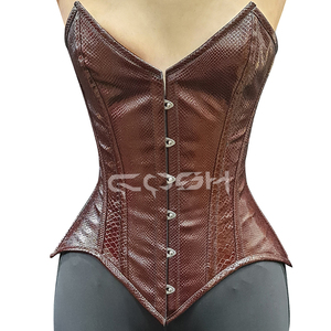 Corset bustier de luxe marron en PVC à texture reptile, avec armatures en acier, pour le modelage corporel, à bonnets pointus en V - Product Image 6