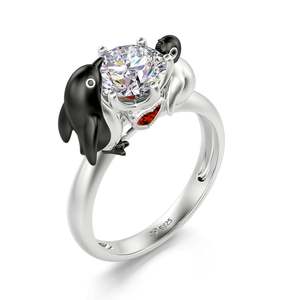 Jeulia Hug Me Play with My Baby Penguin Round Cut Sterling <b>Silver</b> Fine <b>Ring</b> - Product Image 2