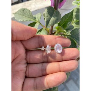 925 Silver Natural Oval Rose Quartz <b>Stud</b> <b>Earrings</b> Diamond Bezel Setting 14K 18K Gold White/Gold Rose Gold-Cute Trendy Inlay - Product Image 5
