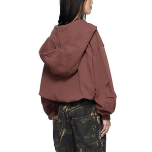 เสื้อฮู้ดดี้ผู้หญิงทรงครอป แขนยาวพอง ทรงหลวม ไหล่ตก แต่งซิปคุณภาพสูง สไตล์วินเทจ ล้างสี แต่งผ้าปะติด ฮู้ดใหญ่ - Product Image 2