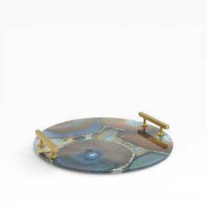 Green Natural Agate <b>Stone</b> Rectangular Decorative Tray with Layered Crystal Texture and Gold Fan Style Handles - Product Image 5