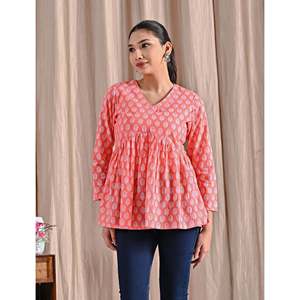 <b>Peach</b> Jaipuri Block Printed Women's Cotton Peplum <b>Top</b> Women's Knit <b>Tops</b> - Product Image 5