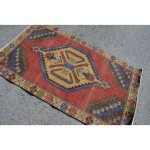 พรมถักสไตล์ตุรกีวินเทจ3.5 x 5.9ft ผ้าวูลสีเหลืองแดงถักทอเรียบพรมยางสำหรับโถงทางเดินสี่เหลี่ยมพื้นที่ - Product Image 4