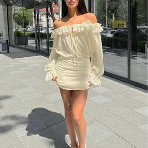 Flirty Innocent French Off Shoulder Tiered Ruffle manga larga drapeado ajustado Bodycon vestido primavera otoño estilo <span class=keywords><strong>de</strong></span> vendaje adelgazante - Product Image 3