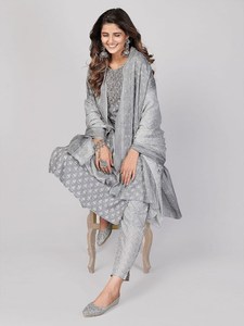 Latest Design Women Rayon Readymade Grey & White 3 Pc Suit Party Wear Embroidered Work on <b>Kurti</b> and Pant With Malmal Dupatta - Product Image 3