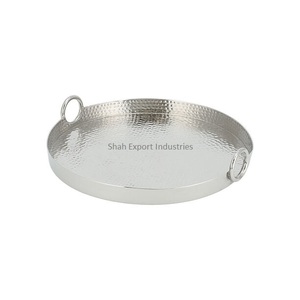 Handmade Round Shape Metal Serving <b>Tray</b> With Wooden Handle <b>Silver</b> Plated Home & Wedding Food and <b>Drinks</b> Serving <b>Tray</b> - Product Image 6