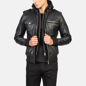 Blouson aviateur en cuir noir à capuche Bravado Vêtement d'extérieur en cuir véritable - Product Image 1