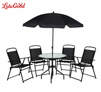 Ensemble de meubles d'extérieur modernes et minimalistes, 6 pièces, avec table en verre, quatre chaises pliantes et parasol central pour patios et terrasses