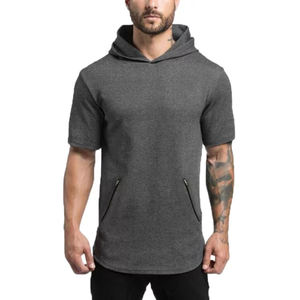 Sweats à capuche de gymnastique à manches courtes en gros décontracté ample été couleur unie haut musculation demi manches coupe serrée à capuche - Product Image 5