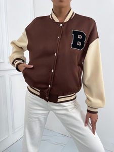 <b>Women</b> <b>Varsity</b> <b>Jacket</b> Long Denim Baseball <b>Bomber</b> <b>Jacket</b> With Lettermen Casual Wear Stand Collar Fur Decoration Finished Product - Product Image 2