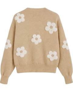 Customized Women Camel <b>Brown</b> Knit <b>Cardigan</b> Sweater With White Flower Applique V Neck Button Front Casual Winter Fashion Top - Product Image 2