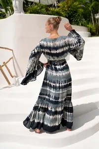 Hermoso escote en V mangas completas largo Tie Dye estampado Floral patrón hasta el suelo Maxi Natural para mujeres para vacaciones - Product Image 5