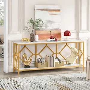 โต๊ะคอนโซลหินอ่อน2ชั้นยาวพิเศษสีขาวทองทนทานเฟอร์นิเจอร์บ้านสีทองผู้ผลิตขายส่งโรงงานขายตรง - Product Image 4