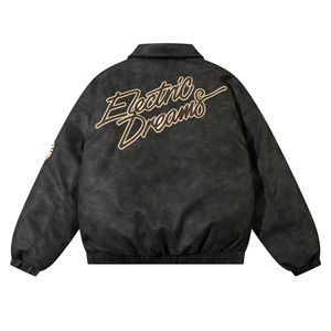 Veste en cuir véritable brodée pour homme, vente en gros OEM, surdimensionnée, coupe-vent, vintage, col rabattu, épaisse pour l'hiver, chaude - Product Image 4