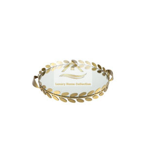 Plateau de service miroir en métal et verre avec cadre plaqué or et poignées design feuilles Plateau en verre élégant en gros - Product Image 5