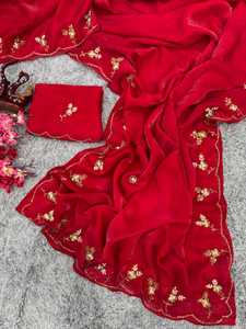 Designer indien dernier Saree en tissu de soie pur espace à la mode avec belle Katdana, perles et paillettes Sari de travail manuel avec chemisier - Product Image 3