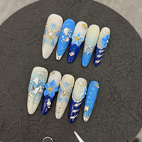 Kuku Palsu Almond Press-on Grosir Buatan Tangan 3D Bunga Berhias Rhinestone Pemasok OEM ODM
