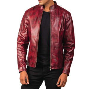 Chaqueta de cuero Borgoña desgastada para hombre, prendas de vestir exteriores de estilo motorista Vintage de piel de vaca Real para moda informal e Invierno - Product Image 3