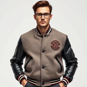 เสื้อแจ็คเก็ตปักโลโก้แบบกำหนดเอง ตัวเสื้อทำจากผ้าขนสัตว์ แขนเสื้อทำจากหนัง สไตล์วาร์ซิตี้แบบใหม่ กระดุมแป๊ก บุหนา อุ่นสบาย - Product Image 1