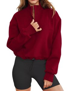 À la mode femmes quart Zip sweat surdimensionné coupe ample décontracté manches pull ourlet réglable col haut Streetwear sweat - Product Image 2