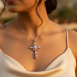 Colgante de Plata 925 para Mujer, Hecho a Mano, Oro Blanco y Oro Rosa con Baño de Rodio, Gema Rosa y Amarilla, Cruz, Amuleto Religioso - Product Image 2