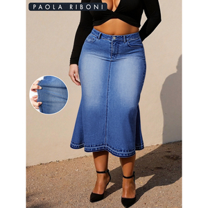 Jupe longue en jean Paola Riboni pour femme, coupe ample évasée, délavée clair, style élégant pour l'été, le printemps et l'automne - Product Image 1