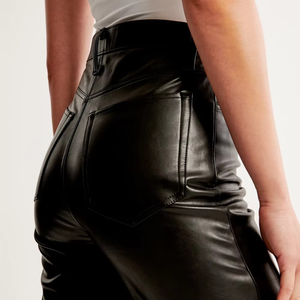 Pantalon en cuir décontracté taille mi-haute entièrement personnalisé et respirant pour femme, avec couleurs et tailles sur mesure, bouton printemps, effet délavé - Product Image 3