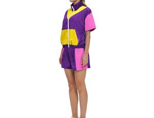 Ensemble short coupe-vent à blocs de couleurs pour femmes Survêtement rétro 2 pièces en violet rose jaune pour l'entraînement et les vêtements décontractés - Product Image 4