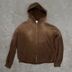 Sweat à capuche Streetwear personnalisé sans ficelle polaire vierge Boxy fermeture éclair Vintage Double couche lavage à l'acide soleil fané sweats à capuche en détresse pour hommes - Product Image 4