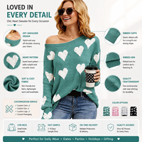 FNJIA damessweater met schattige liefdeshartprint, oversized schouder, los gebreide Valentijns-pullover, blouse-top