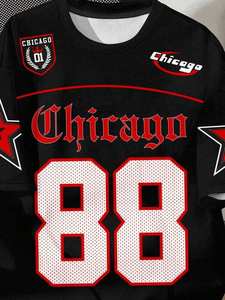 T-shirts pour hommes Black Chicago 88 Star Sleeve, streetwear, surdimensionnés, style hip-hop, avec logo brodé 3D personnalisé - Product Image 4