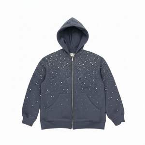 Low MOQ Manufacturer Dark <b>Grey</b> Zip Up Rhinestone Scatter Design <b>Hoodie</b> Custom Logo Men Streetwear Heavyweight Cotton Sweatshirt - Product Image 1